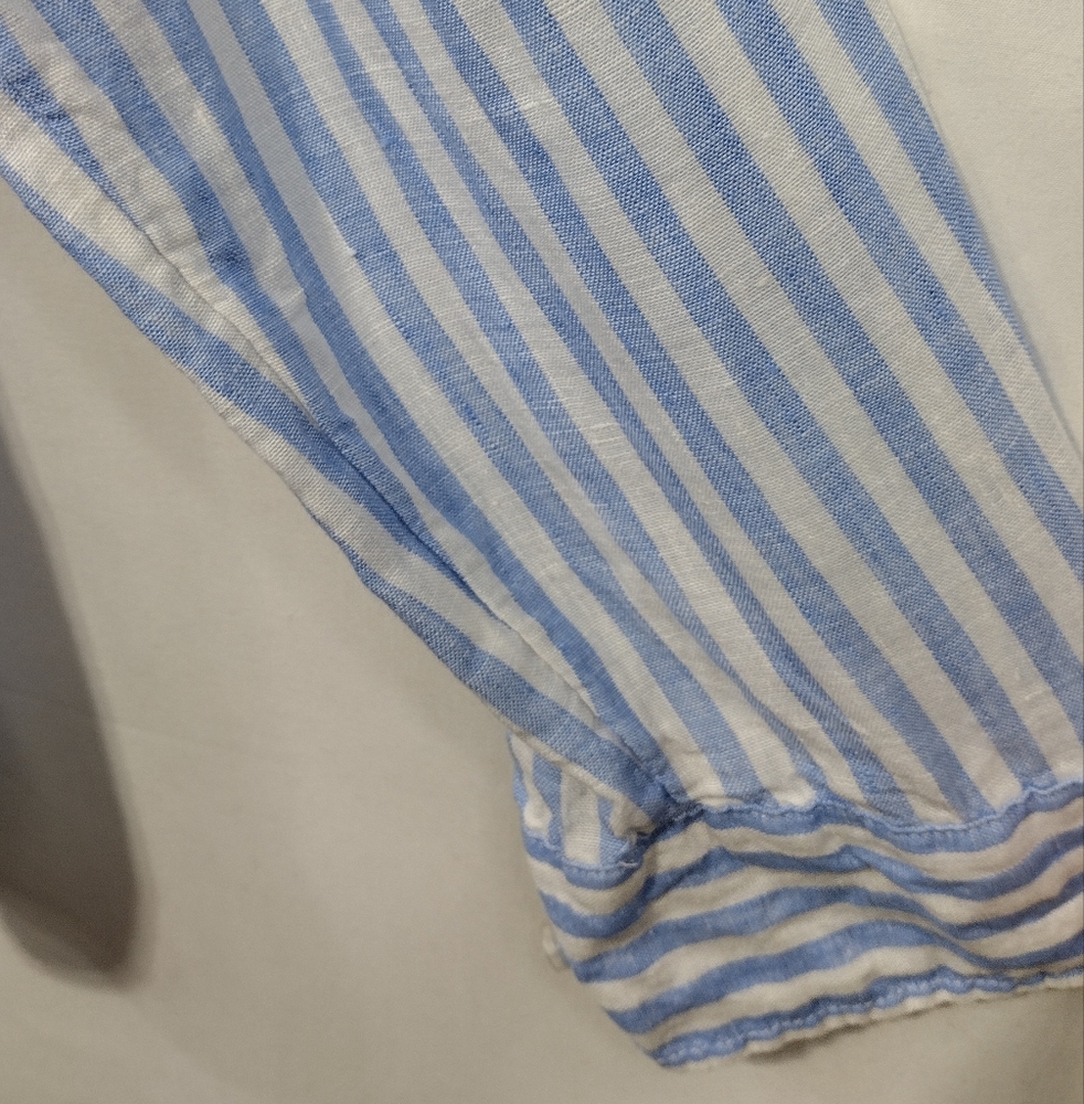 H&M 100% Linen Stripped Button Shirt Women's L Blue White Office Casual Retro - Picture 3 of 9